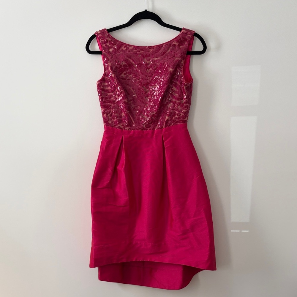 Monique Lhuillier Hot Pink Sequin-Embellished High-Low Dress